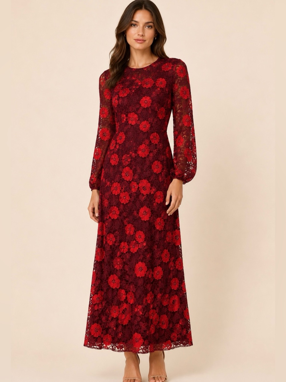 Monique Lhuillier Charley Red and Burgundy Floral Long Sleeve Gown